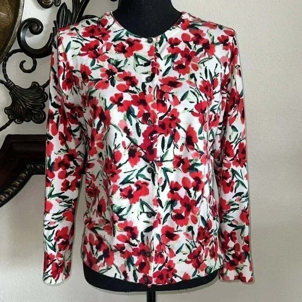 Land’s End Women’s Crewneck Cardigan Red Green Black Pink Floral Size M/P 10-12 - Picture 7 of 13